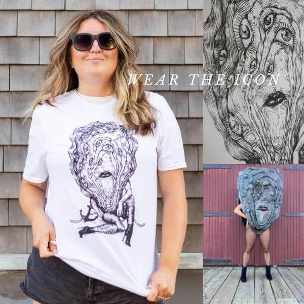 The slogan "wear the icon" appears across an image that is made up of three separate photographs: a woman wearing a white t-shirt printed with a black drawing of the Halifax Oyster Festival mascot Pearl; Pearl herself, or a photo of a woman in fishnet stockings wearing the large papier-mache mask of Pearl; a close-up of a grey t-shirt printed with the black Pearl drawing, a large oyster with at least 13 eyes and prominent lips, and the arms and legs of a human.